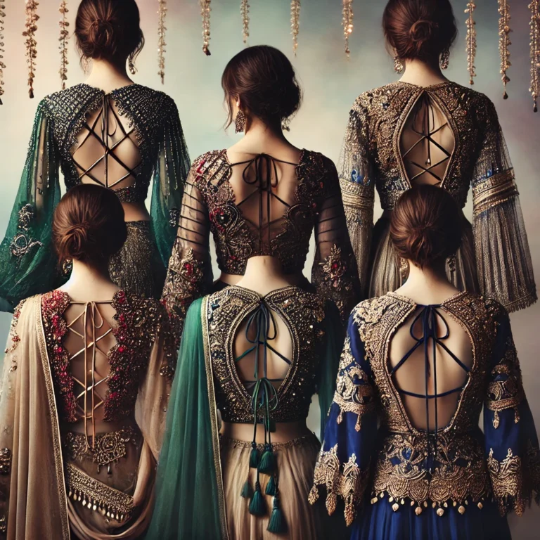 DALL·E 2025-01-18 17.58.31 - An exclusive collection of Indian blouse back designs that showcase a blend of modern glamour and traditional craftsmanship. Each blouse features a st