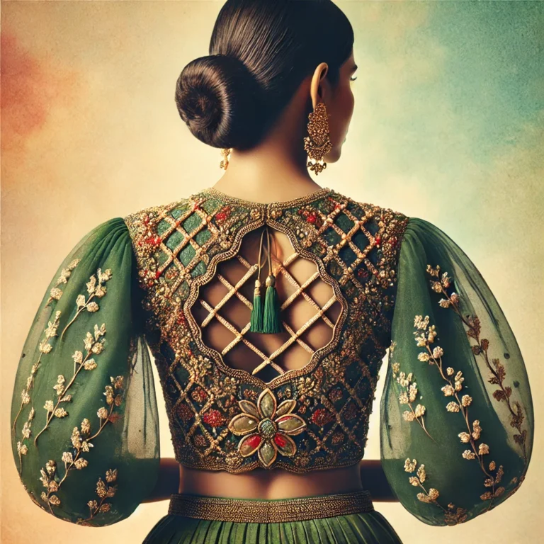 DALL·E 2025-01-18 17.59.23 - A single Indian blouse back design showcasing a blend of modern glamour and traditional craftsmanship. The back features an intricate criss-cross dori