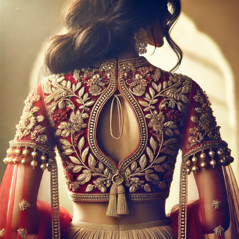 DALL·E 2025-01-18 18.04.39 - A luxurious Indian blouse back design showcasing intricate craftsmanship. The back features a bold keyhole cut-out adorned with zari embroidery, beadw