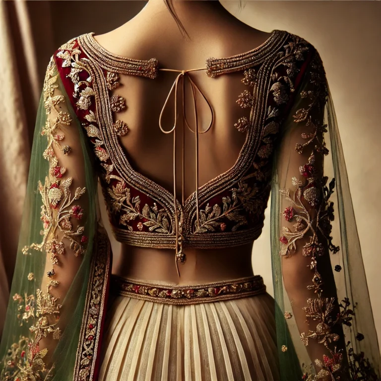 DALL·E 2025-01-18 18.53.29 - A detailed, back-view image of a traditional Indian blouse with intricate embroidery. The blouse is deep maroon in color with gold embellishments and