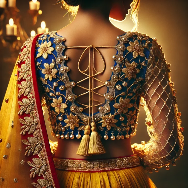 DALL·E 2025-01-18 18.53.45 - A luxurious, back-view image of a traditional Indian blouse with intricate embroidery. The blouse is royal blue with golden zari work and small mirror
