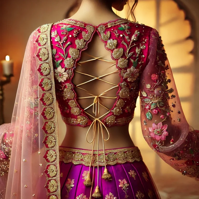 DALL·E 2025-01-18 18.54.42 - A stunning back-view of a traditional Indian blouse featuring vibrant magenta fabric with intricate golden embroidery and sequins. The blouse has a de