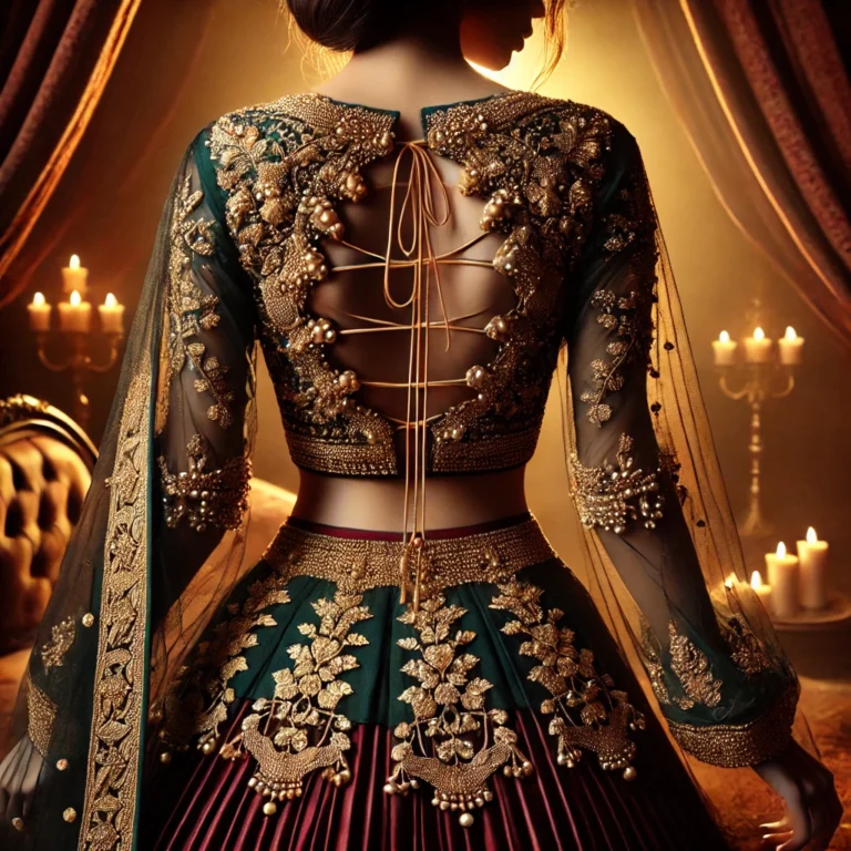 DALL·E 2025-01-18 18.57.29 - A luxurious back-view of a traditional Indian blouse in deep emerald green with intricate gold zari embroidery, sequins, and pearl embellishments. The