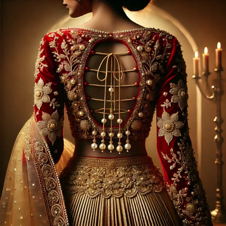 DALL·E 2025-01-18 18.57.33 - A magnificent back-view of a traditional Indian blouse in royal red velvet with intricate gold zari and bead embroidery. The blouse has an elegant dee
