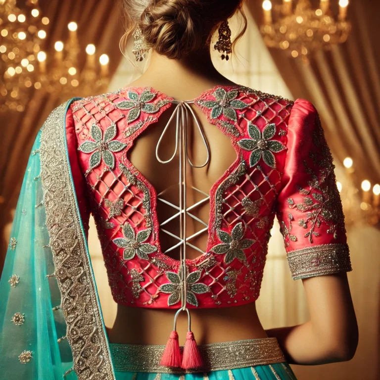 DALL·E 2025-01-18 18.57.37 - A bright and modern back-view of a traditional Indian blouse in vibrant coral pink with intricate silver embroidery and sequins. The blouse features a