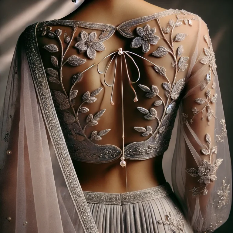 DALL·E 2025-01-18 18.59.58 - A sophisticated and delicate back-view of a modern Indian blouse in pastel lavender with fine silver thread embroidery and subtle sequin detailing. Th