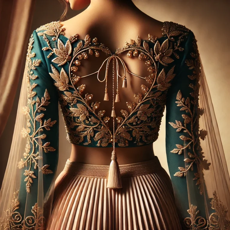 DALL·E 2025-01-18 19.00.02 - A refined and elegant back-view of a modern Indian blouse in deep teal with intricate gold thread embroidery and shimmering bead detailing. The blouse
