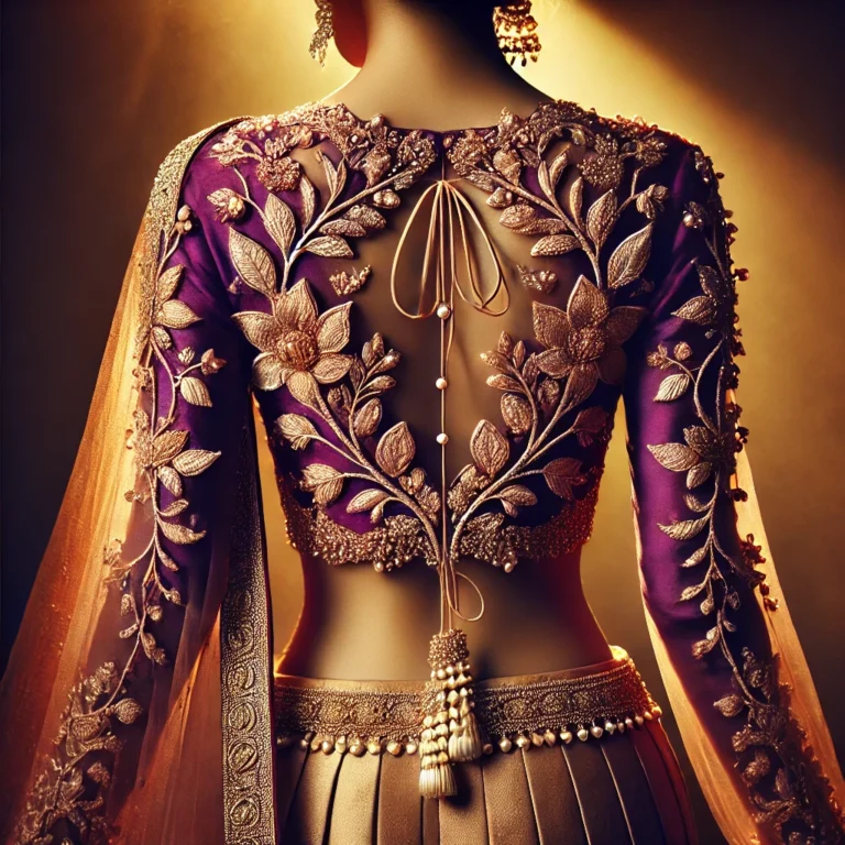 DALL·E 2025-01-18 19.00.07 - A luxurious and artistic back-view of a modern Indian blouse in a vibrant royal purple with intricate rose gold thread embroidery and fine crystal bea