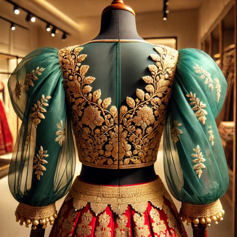 DALL·E 2025-01-19 16.03.51 - A detailed and elegant back-view of a traditional Indian blouse displayed on a mannequin. The blouse features intricate golden embroidery on a rich em