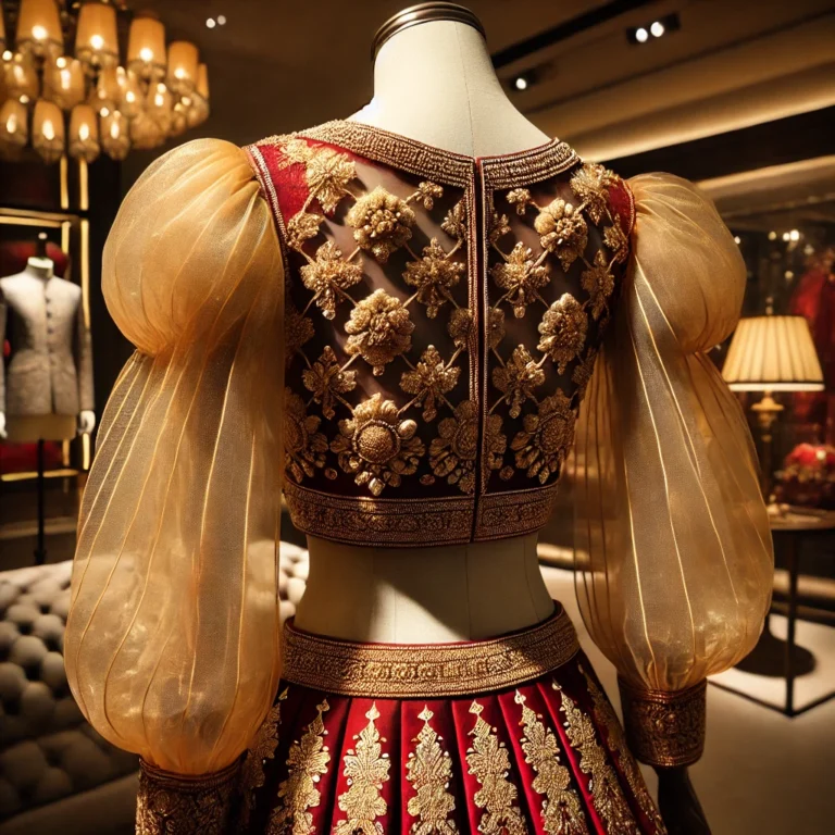 DALL·E 2025-01-19 16.04.17 - A luxurious back-view of a traditional Indian blouse displayed on a mannequin. The blouse features detailed golden embroidery on a rich deep red fabri