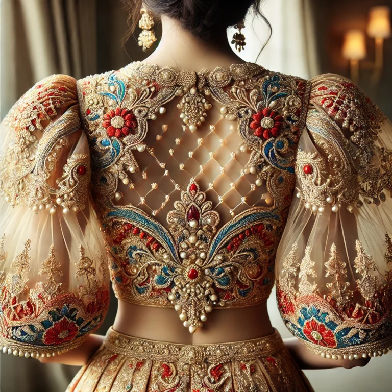 DALL·E 2025-01-19 16.05.40 - A richly detailed and luxurious back-view image of a traditional Indian blouse, featuring intricate embroidery and embellishments in gold and silver t
