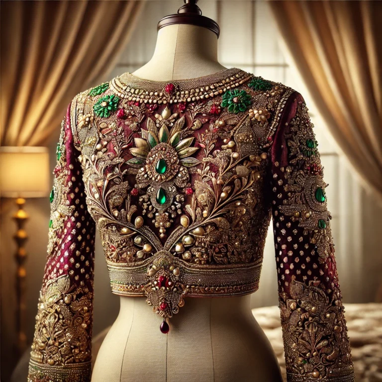 DALL·E 2025-01-19 16.07.59 - A highly detailed and luxurious back-view image of a traditional Indian blouse on a mannequin, showcasing a royal design with intricate embroidery, be