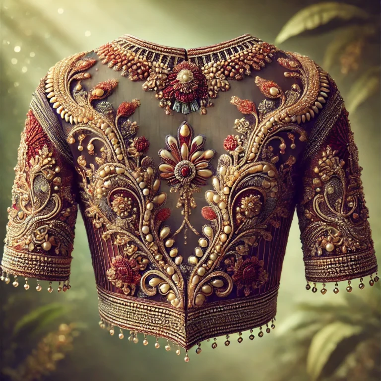 DALL·E 2025-01-19 16.08.03 - A highly detailed and elegant back-view image of a traditional Indian blouse, featuring intricate embroidery and embellishments with a luxurious desig