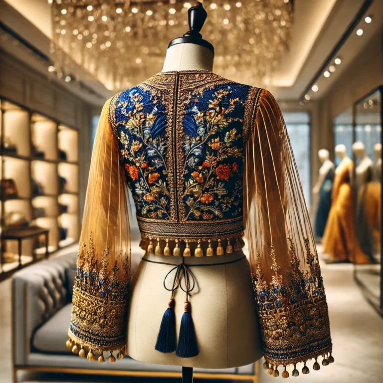 DALL·E 2025-01-19 16.08.08 - A luxurious back-view image of a traditional Indian blouse on a mannequin, featuring a modern and unique design. The blouse is embellished with intric