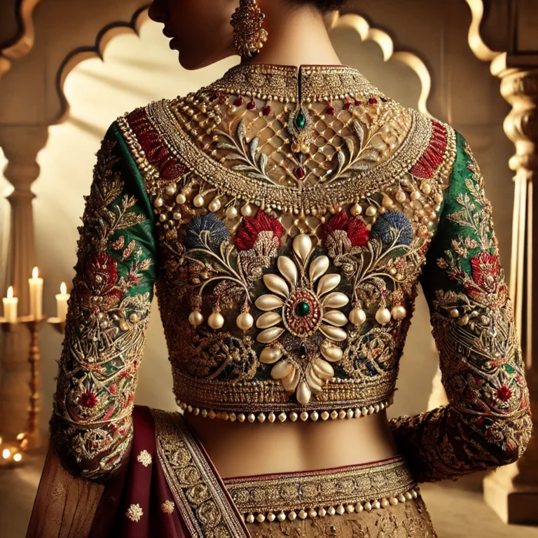 DALL·E 2025-01-19 16.09.02 - A luxurious, back-view image of a traditional Indian blouse worn by a model, featuring intricate embroidery and embellishments in rich, royal colors s