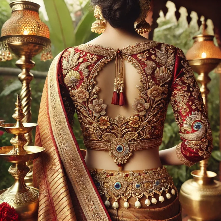 DALL·E 2025-01-19 16.10.29 - A luxurious, back-view image of a traditional South Indian blouse with intricate gold embroidery, rich silk fabric in vibrant maroon and gold colors,