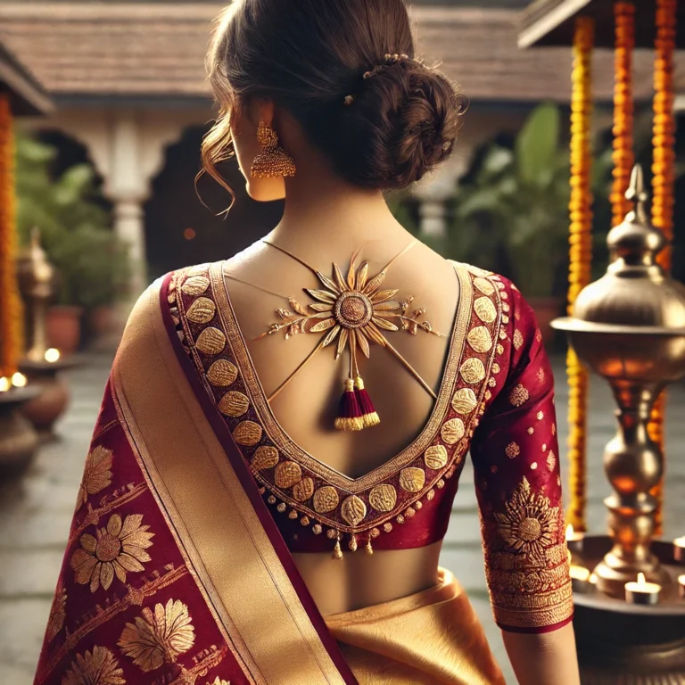 DALL·E 2025-01-19 16.11.21 - A back-view image of a traditional South Indian blouse with minimal but elegant gold embroidery on vibrant silk fabric in maroon and gold tones. The b