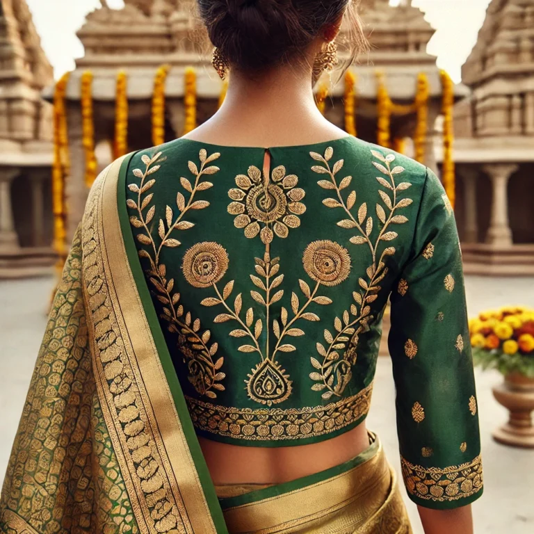 DALL·E 2025-01-19 16.12.15 - A back-view image of a traditional South Indian blouse with unique and elegant embroidery patterns in gold, featuring simple floral and paisley design
