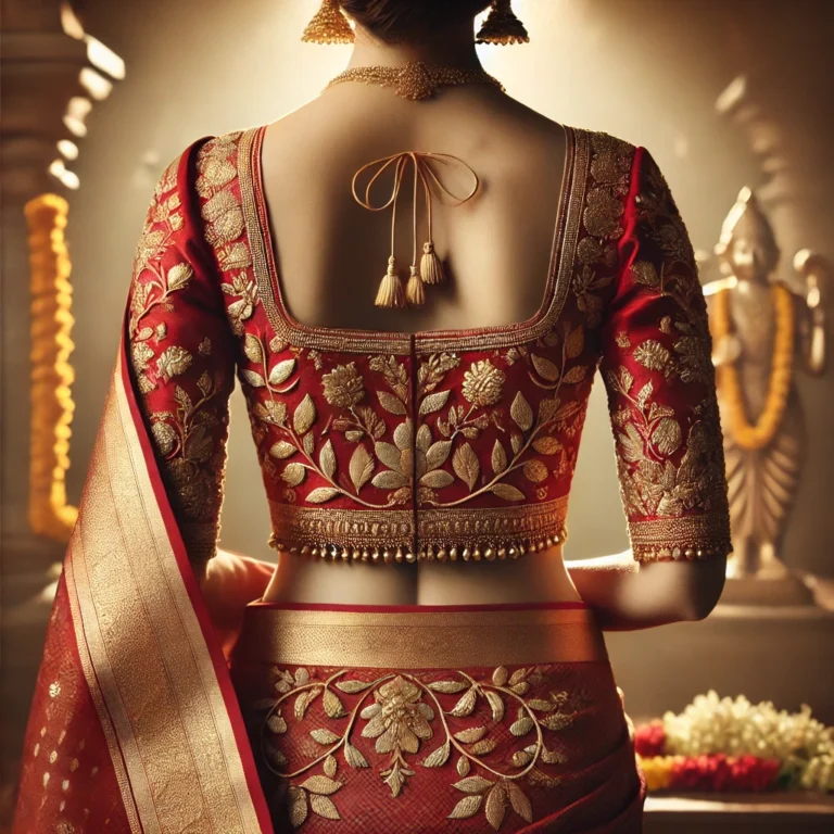 DALL·E 2025-01-19 16.12.55 - A back-view image of a traditional South Indian blouse with delicate and intricate gold embroidery, featuring fine floral and vine motifs on a rich re