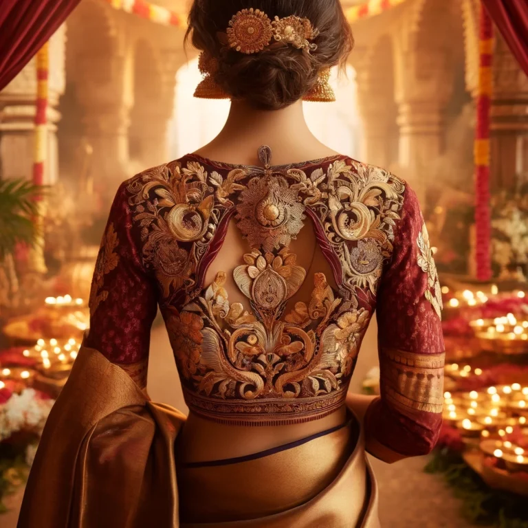 DALL·E 2025-01-19 16.13.41 - A back-view image of a traditional South Indian blouse with intricate gold embroidery and embellishments. The blouse is in vibrant maroon and gold ton