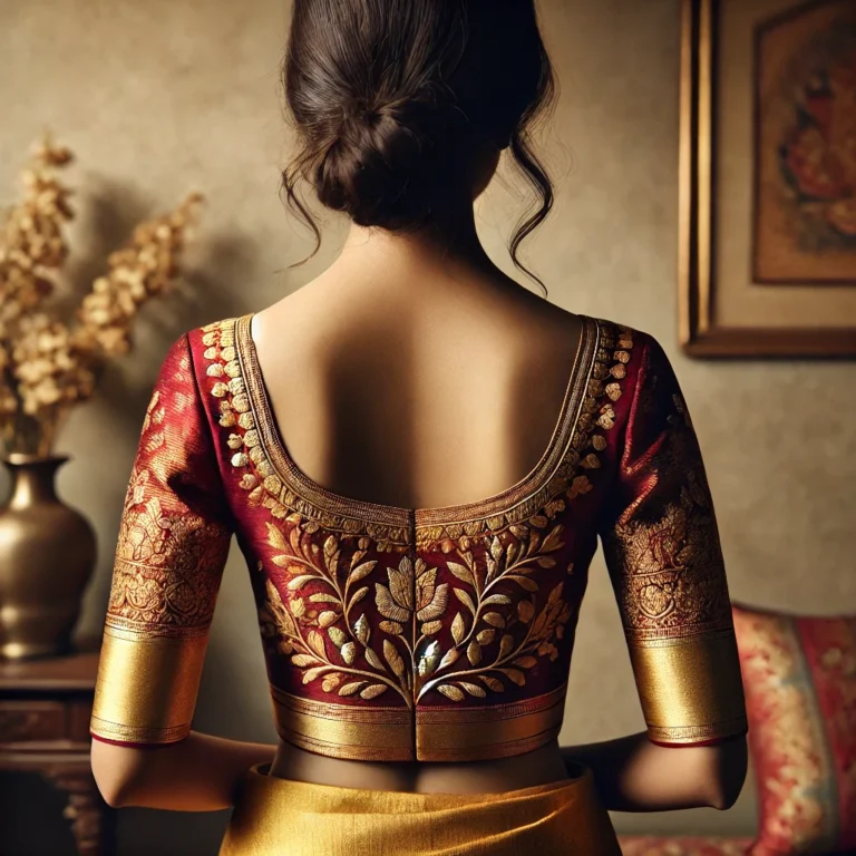 DALL·E 2025-01-19 16.14.18 - A back-view image of a traditional South Indian blouse with minimal gold embroidery on vibrant silk fabric in maroon and gold tones. The blouse featur