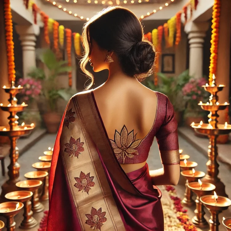 DALL·E 2025-01-19 16.15.07 - A back-view image of a traditional South Indian woman wearing a silk saree in rich maroon and gold tones, draped elegantly. The blouse features minima