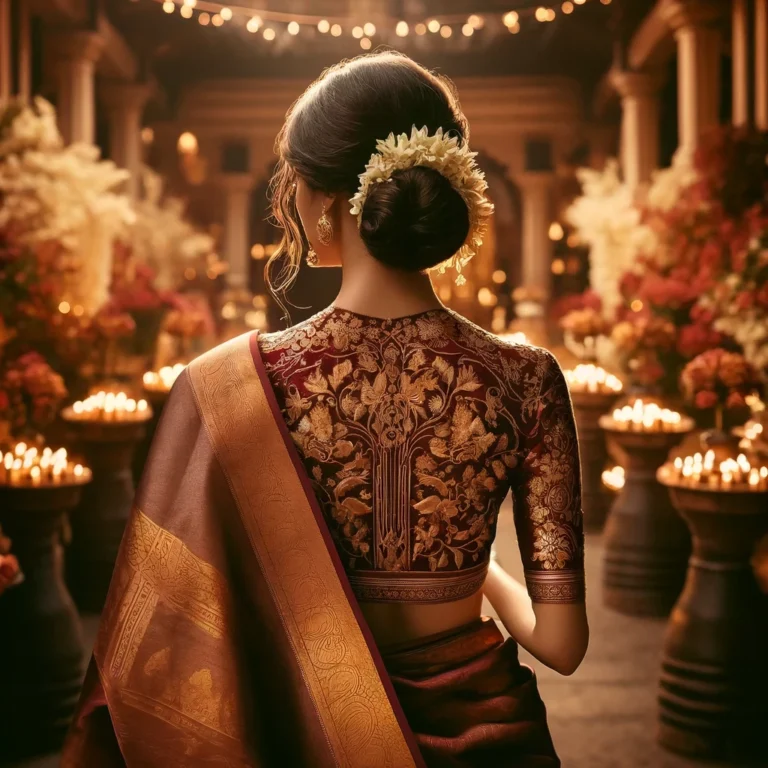 DALL·E 2025-01-19 16.16.34 - A stunning back-view image of a traditional South Indian outfit worn by a woman. The outfit features a delicately embroidered blouse in rich maroon an