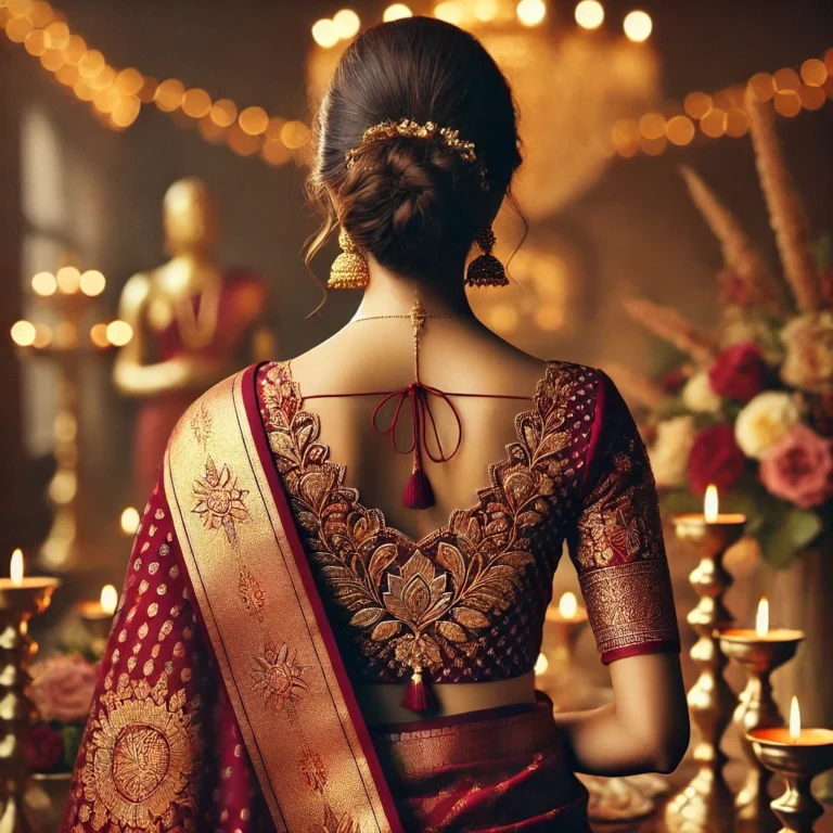 DALL·E 2025-01-19 16.16.39 - A stunning back-view image of a traditional South Indian woman wearing an intricately designed silk saree in vibrant maroon and gold tones. The blouse
