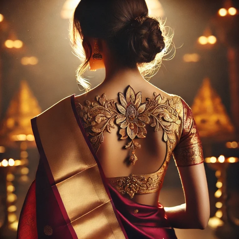 DALL·E 2025-01-19 16.17.24 - A stunning back-view image of a traditional South Indian woman wearing a silk saree with an elegant and delicate blouse design. The focus is on the in