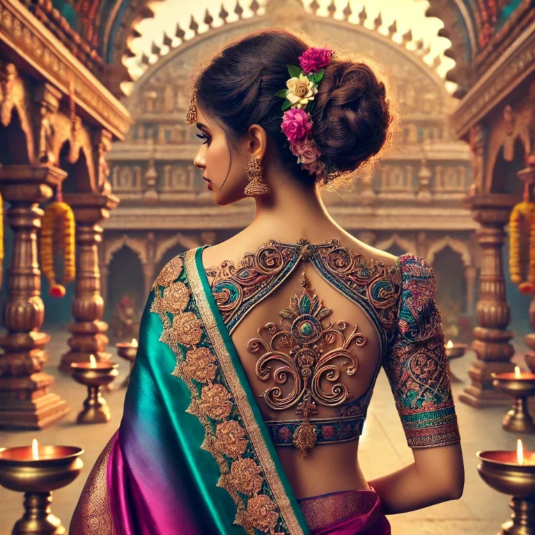 DALL·E 2025-01-19 16.17.57 - A stunning back-view image of a traditional South Indian woman wearing a vibrant silk saree with delicate embroidery. The blouse design is intricate y