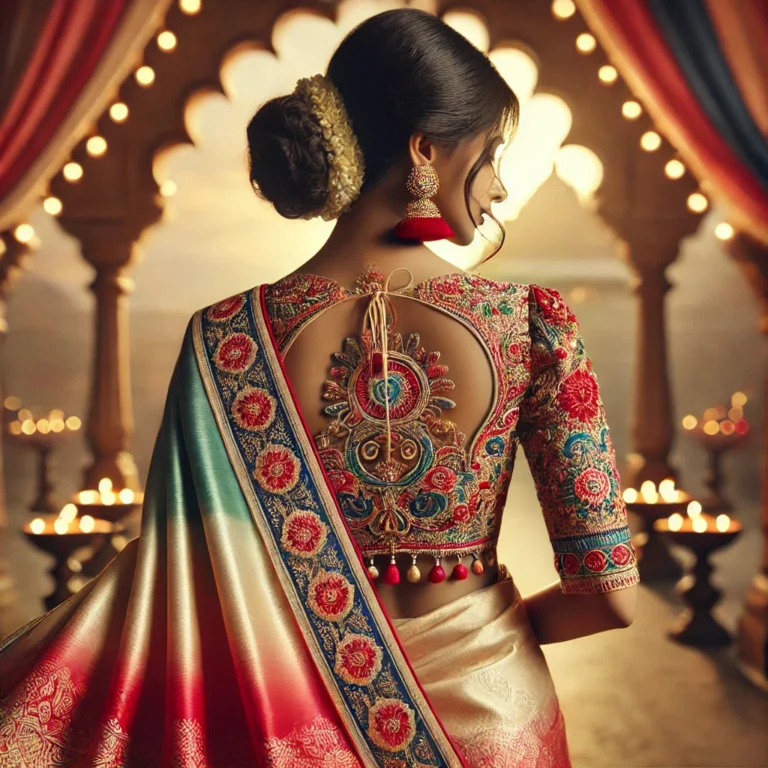 DALL·E 2025-01-19 16.18.22 - A stunning back-view image of a traditional South Indian woman wearing a saree in vibrant colors, featuring a unique blouse design with intricate embr
