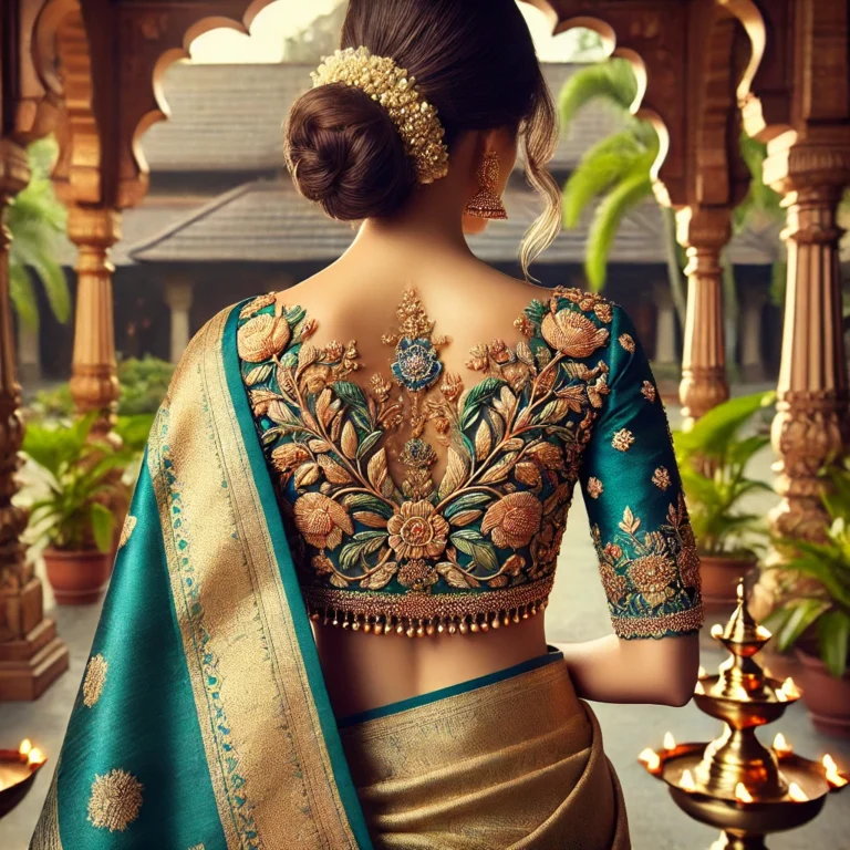 DALL·E 2025-01-19 16.20.18 - A stunning back-view image of a traditional South Indian blouse worn with a silk saree. The blouse features elegant embroidery with delicate floral pa