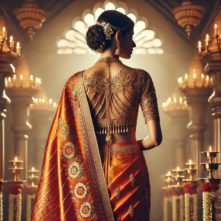DALL·E 2025-01-19 16.21.30 - A stunning back-view image of a traditional South Indian woman wearing a silk saree in vibrant orange with gold accents and intricate embroidery. The