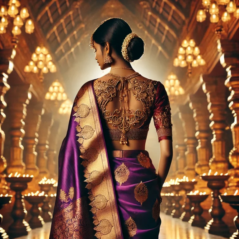 DALL·E 2025-01-19 16.21.35 - A stunning back-view image of a traditional South Indian woman wearing a silk saree in rich, vibrant purple with gold embellishments and delicate embr