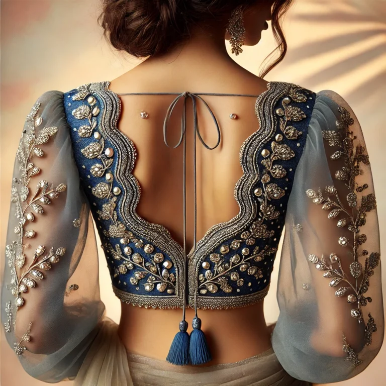 DALL·E 2025-01-19 19.13.00 - An elegant Indian blouse back design featuring a scalloped deep V-neck adorned with intricate zari embroidery and hand-sewn mirrors. The back showcase
