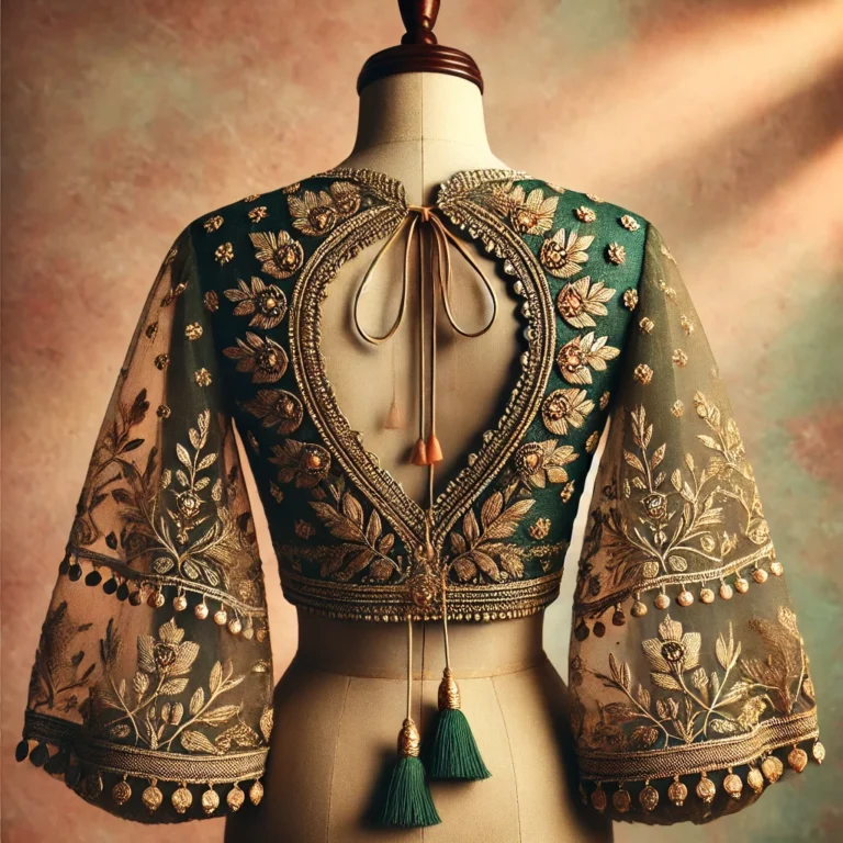 DALL·E 2025-01-19 19.14.41 - A single Indian blouse back design featuring a scalloped deep V-neck adorned with zari embroidery and hand-sewn mirrors. The design includes elegant d