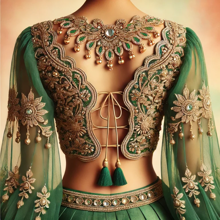 DALL·E 2025-01-19 19.14.50 - An Indian blouse back design featuring a scalloped deep V-neck adorned with intricate zari embroidery and hand-sewn mirrors. The back includes delicat