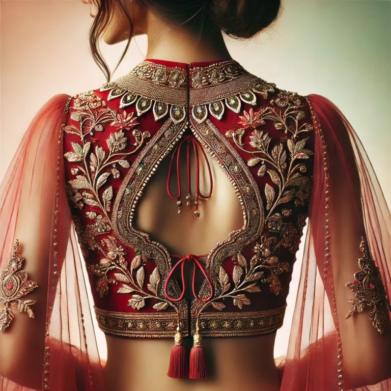 DALL·E 2025-01-19 19.15.32 - A single Indian blouse back design showcasing a bold keyhole cut-out adorned with intricate beadwork and zari embroidery. The design features layered