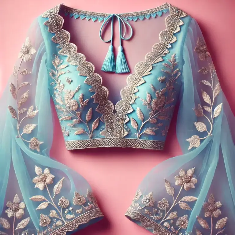 DALL·E 2025-01-27 22.38.40 - A delicate and lightweight Indian blouse back design in pastel sky blue, featuring a scalloped deep V-neck adorned with intricate silver zari embroide