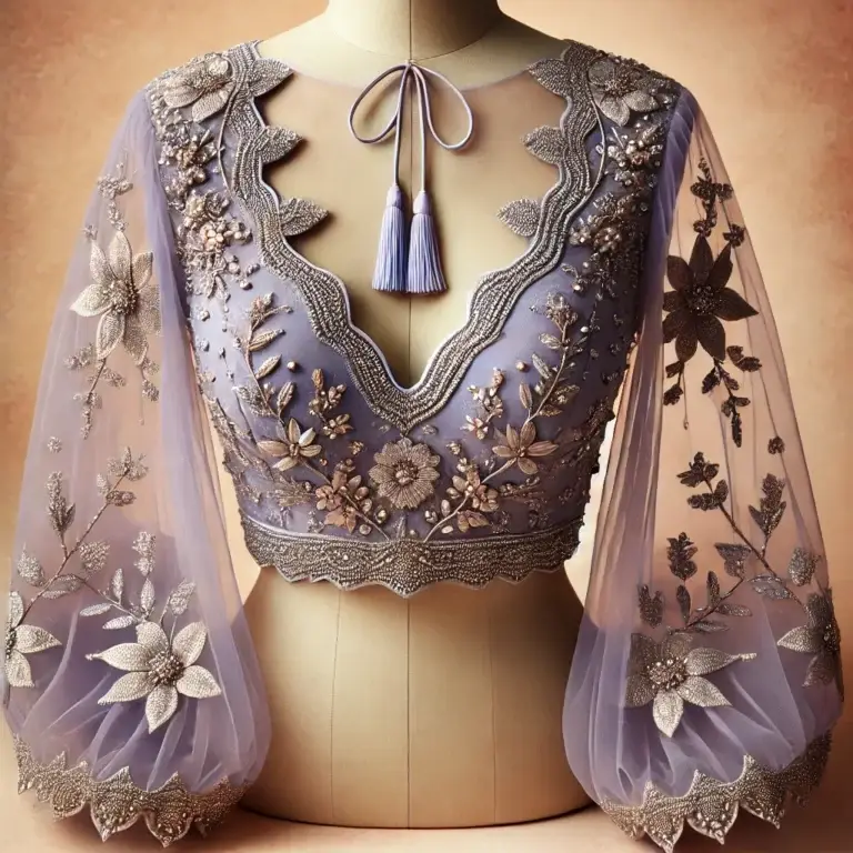 DALL·E 2025-01-27 22.41.36 - A stunning Indian blouse design in a pastel lavender shade, featuring a scalloped deep V-neckline adorned with intricate silver zari embroidery and fl