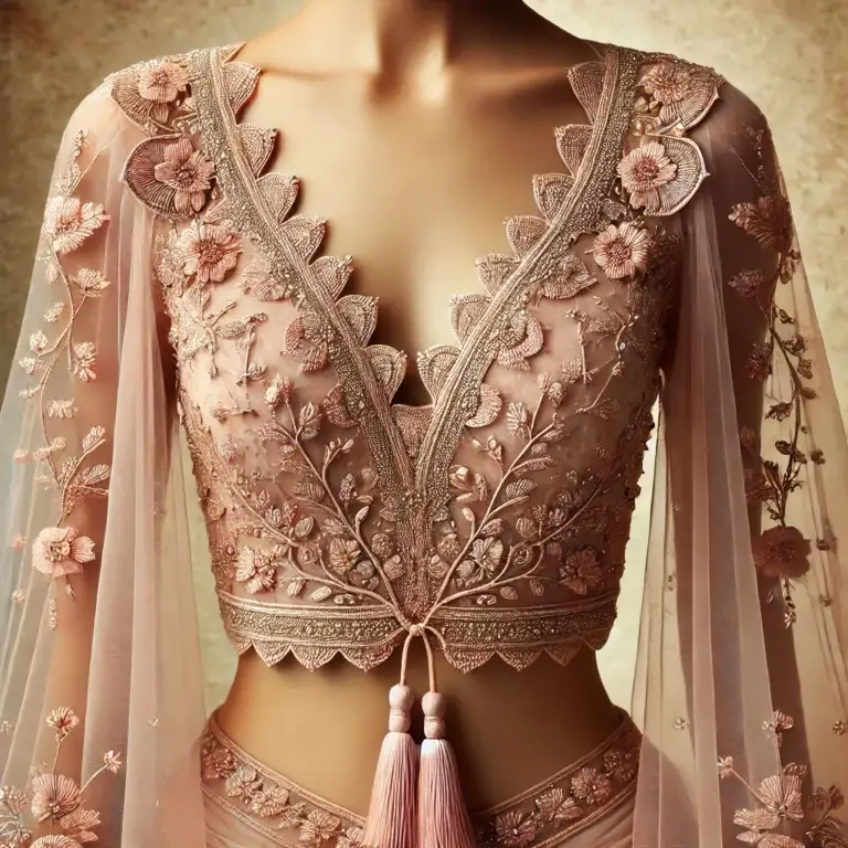 DALL·E 2025-01-27 22.43.32 - An exquisite Indian blouse design in a soft blush pink shade, featuring a scalloped deep V-neckline with intricate gold zari embroidery and delicate f - Copy