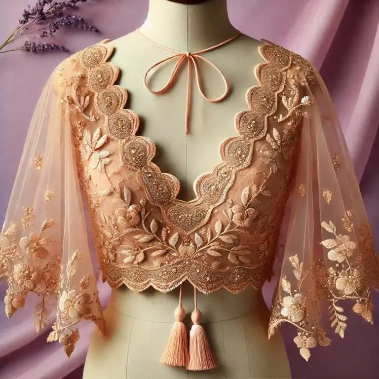 DALL·E 2025-01-27 22.47.51 - A delicate and lightweight Indian blouse design in a pastel peach shade. The blouse features a scalloped deep V-neckline adorned with intricate gold z