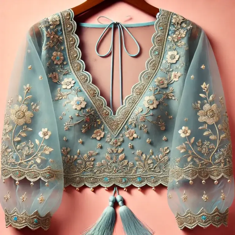 DALL·E 2025-01-27 22.50.42 - A delicate and lightweight Indian blouse in a pastel sky-blue shade, featuring a scalloped deep V-neckline adorned with intricate silver zari embroide