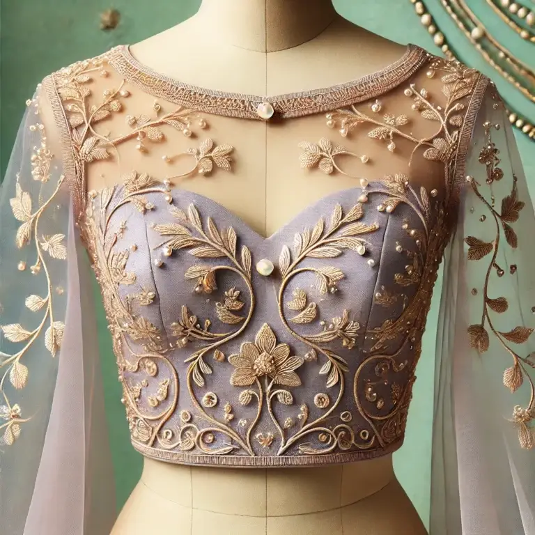 DALL·E 2025-01-27 22.51.20 - A delicate and lightweight Indian blouse design in a pastel lavender shade. The blouse features a sweetheart neckline with intricate golden zari embro