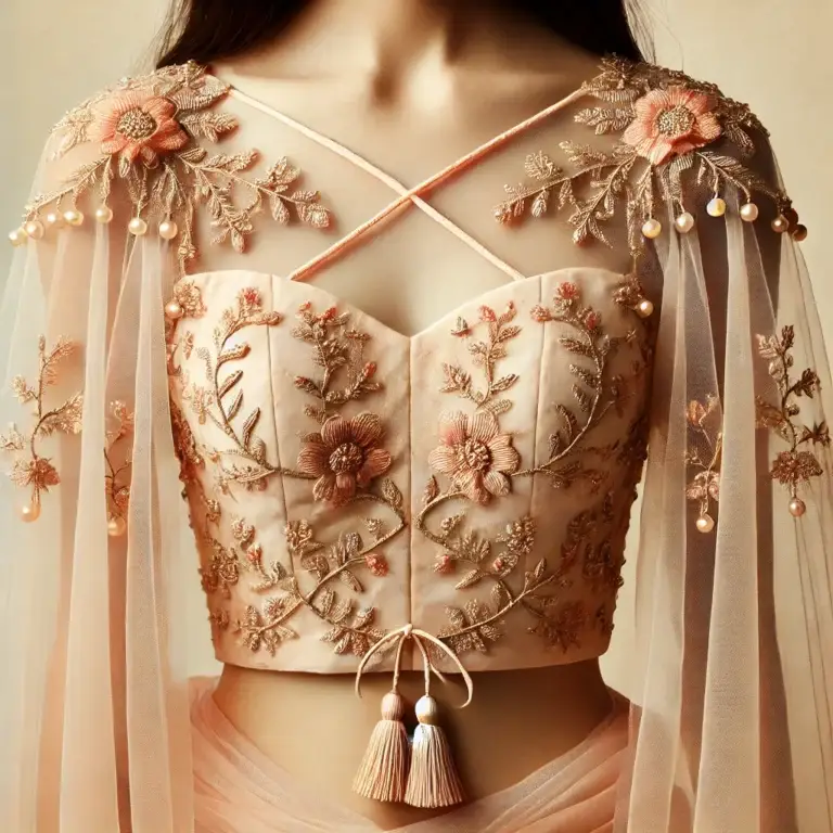 DALL·E 2025-01-27 22.51.58 - A delicate and lightweight Indian blouse in a pastel peach shade. The blouse features a sweetheart neckline with intricate gold zari embroidery and fl
