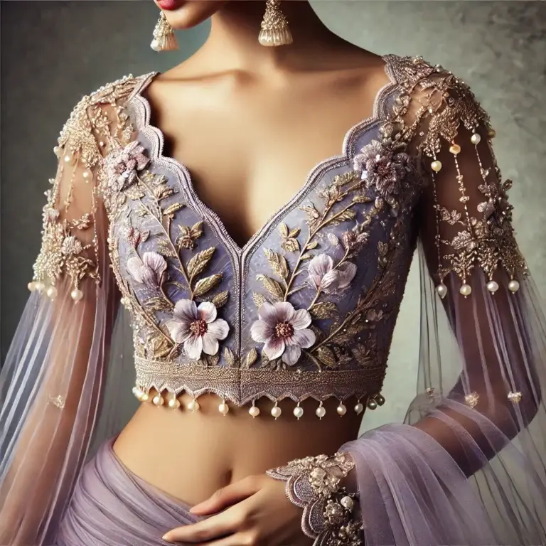 DALL·E 2025-01-28 22.40.01 - A stunning Indian blouse design in an elegant pastel lavender shade, worn by a model. The blouse features a scalloped deep V-neckline adorned with int