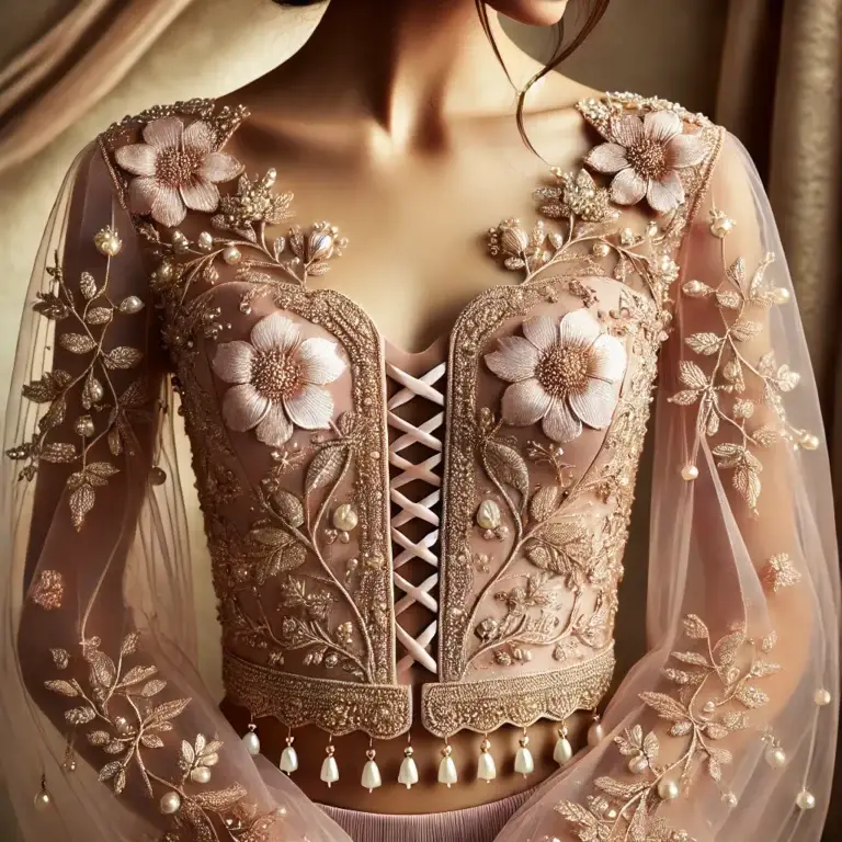 DALL·E 2025-01-28 22.40.51 - A luxurious Indian blouse in a soft blush pink shade, worn by a model. The blouse features a sweetheart neckline adorned with intricate gold and pearl