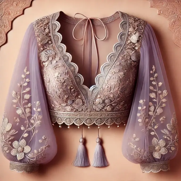 DALL·E 2025-01-28 22.49.49 - An elegant and luxurious Indian blouse design in a pastel lavender shade. The blouse features a scalloped deep V-neckline adorned with intricate silve
