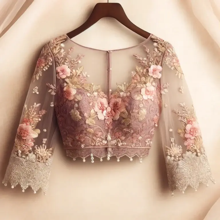 DALL·E 2025-01-30 20.21.53 - A delicate and elegant Indian blouse in a rich pastel shade with intricate floral embroidery, sheer lace sleeves, and a stylish back design. The blous